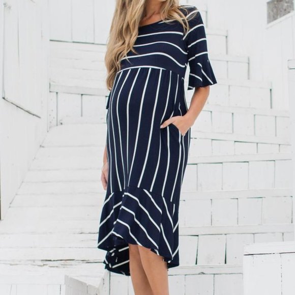 Pinkblush Dresses & Skirts - Pinkblush Navy Blue Striped Ruffle Trim Midi Dress